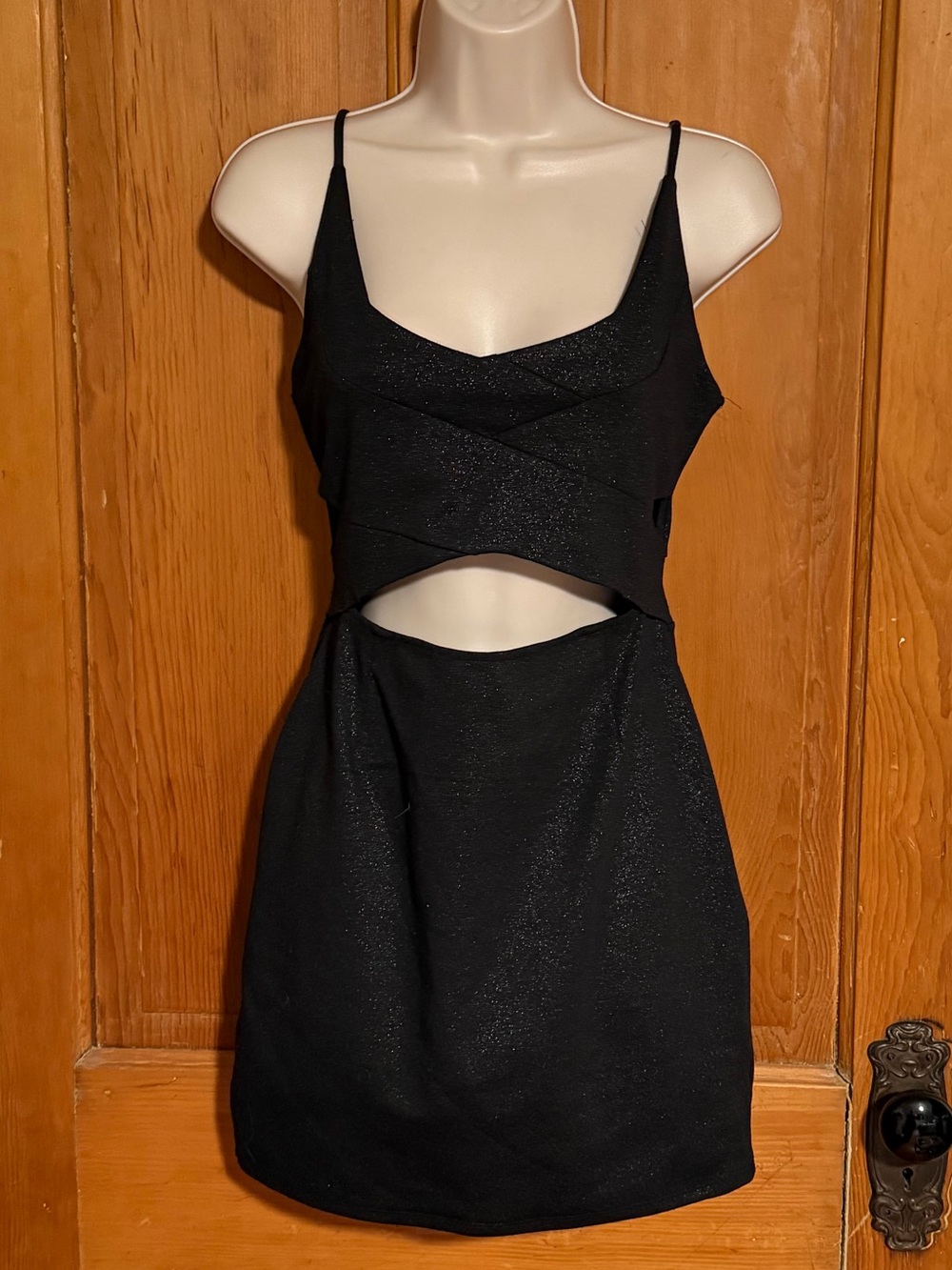 Black & Silver Cutout Mini Dress with Spaghetti Straps - Medium